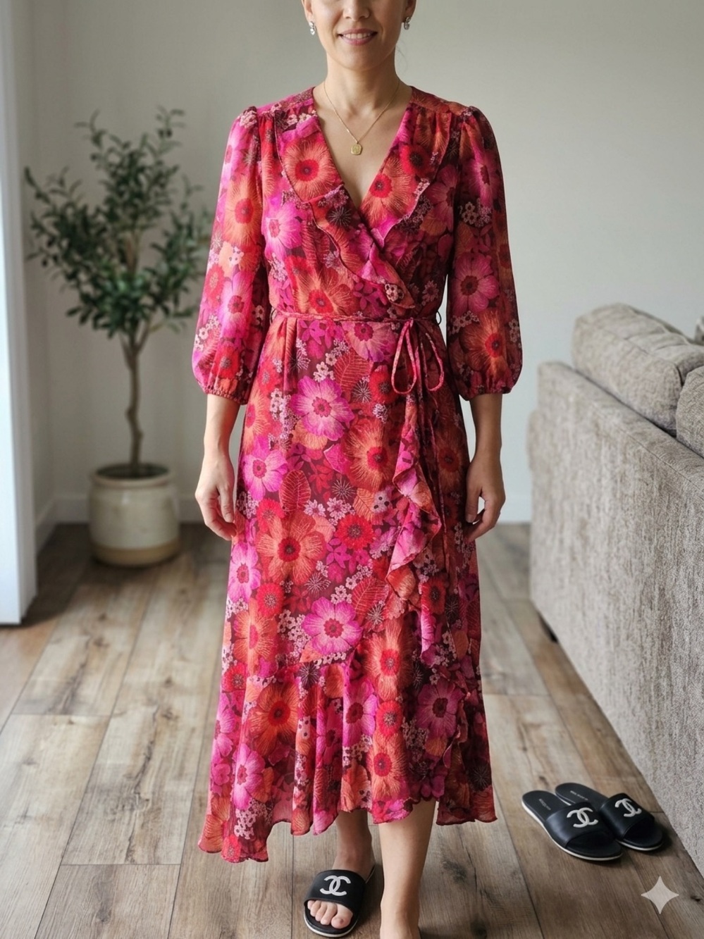 Maison Tara Pink Floral Wrap Midi Dress